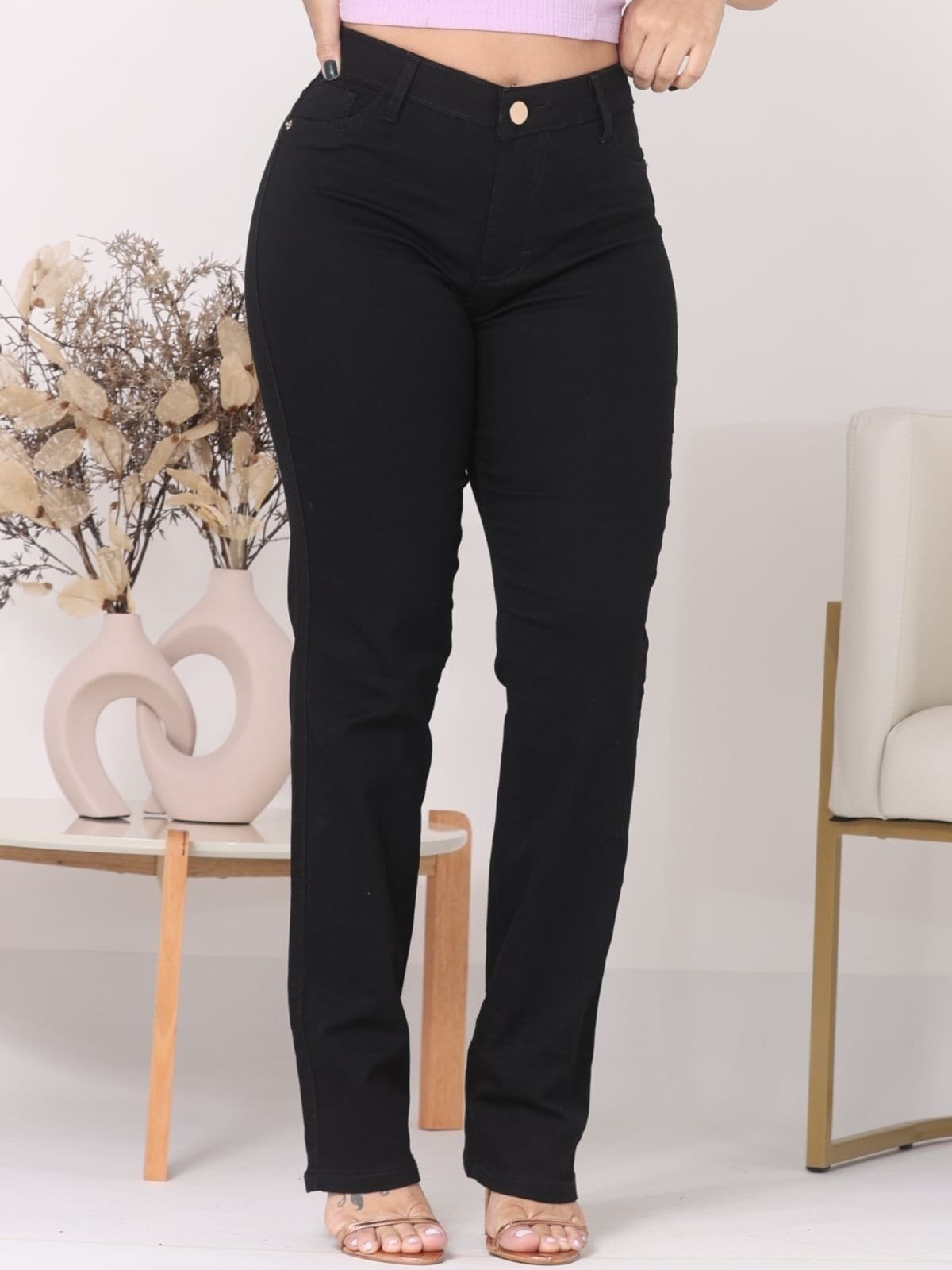 Calça Donna De Paula Reta Preta Jeans Acetinado Cintura alta Empina Bumbum