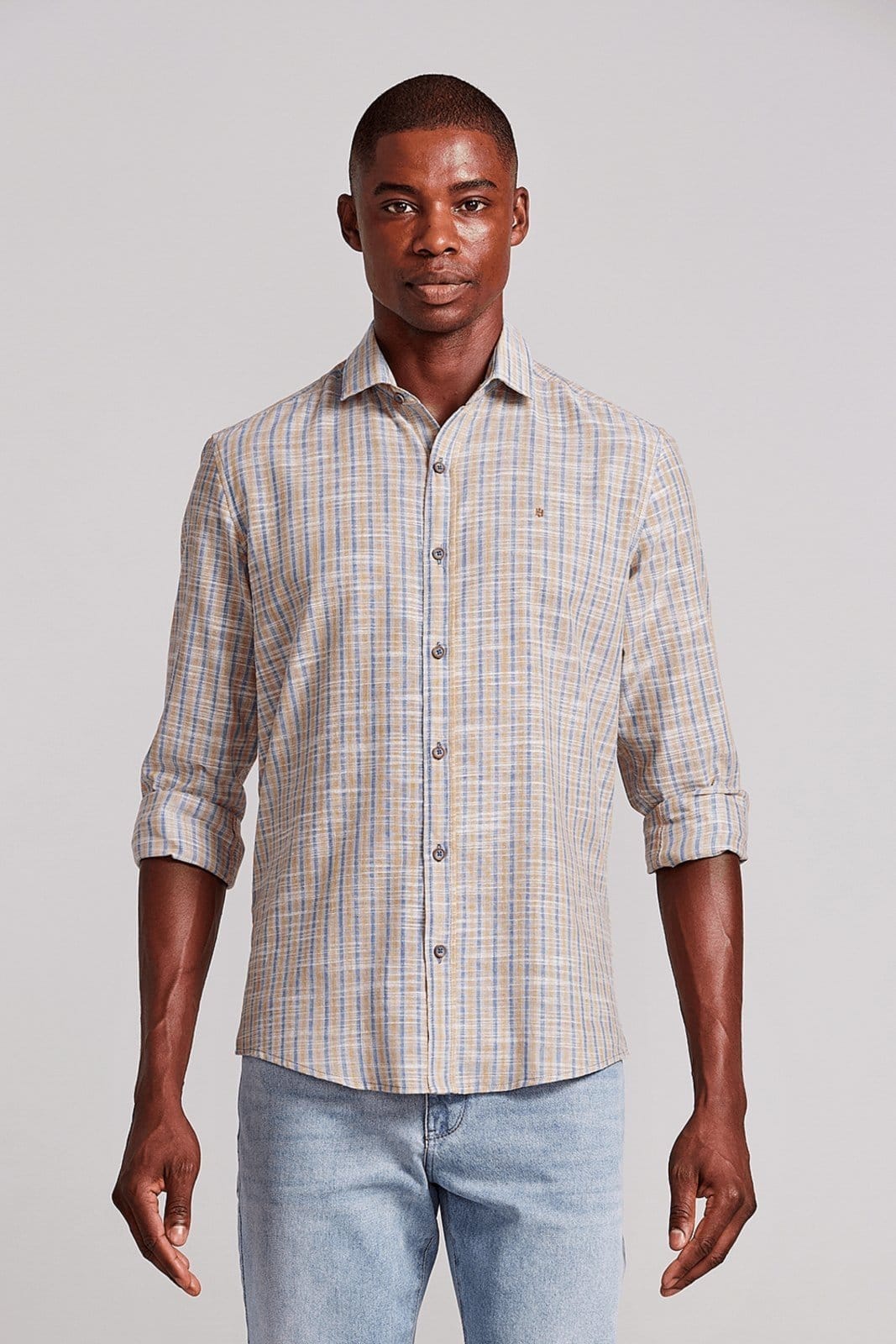 HIGHSTIL Camisa Slim Fit Listrada - Laranja/Azul