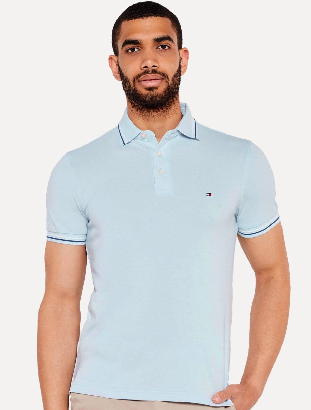 Vista principal Polo Tommy Hilfiger Masculina Malha Liquid Cotton Seasonal Claro Tommy Hilfiger azul