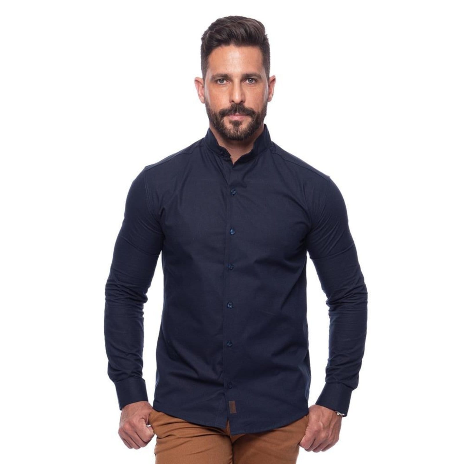 Camisa Masculina Linho Manga Longa Gola Padre Lisa Casual Azul Claro