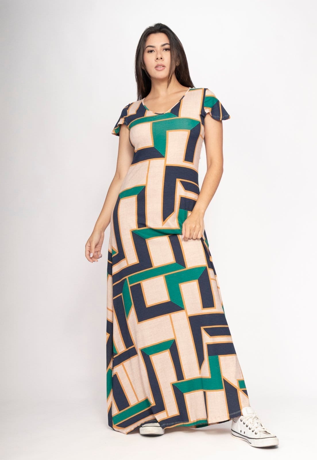 Vista 2 Vestido CabanaFree Amanara Longo Malha Estampa Chapada de Areia Cabanafree estampado