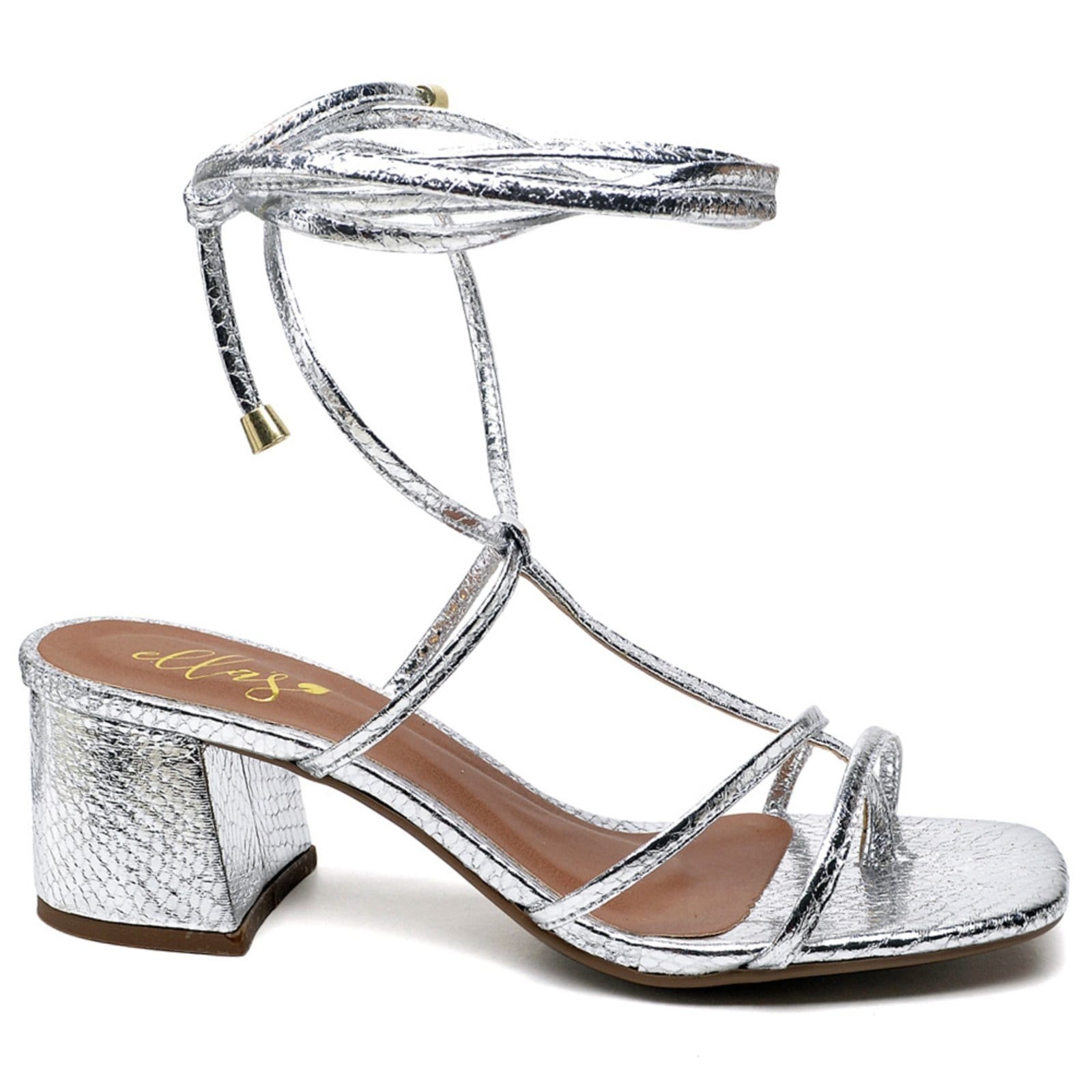 Vista 2 Sandália Bico Quadrado Salto Bloco Médio Cristal Ella's ZAFREM prata