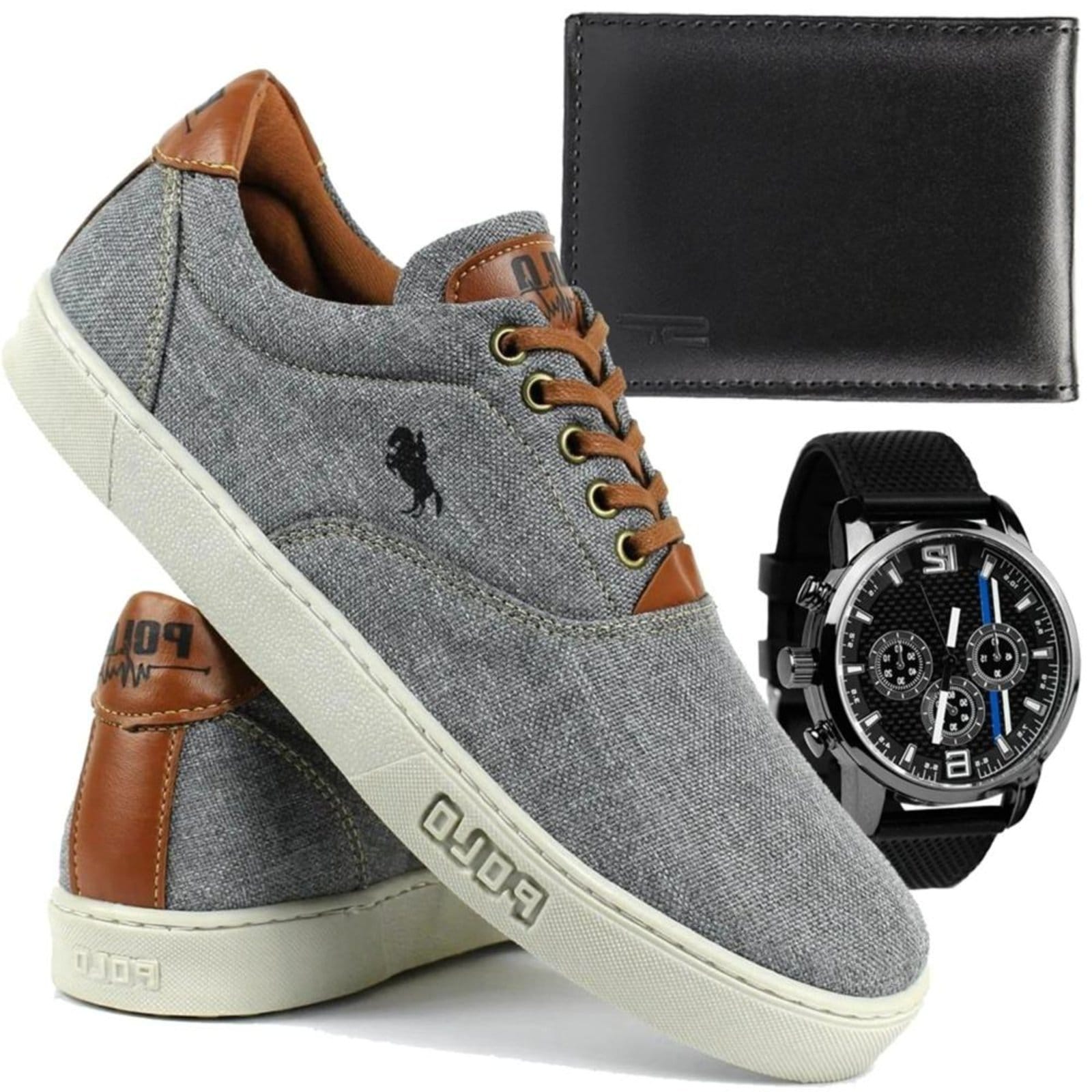Kit Tênis Masculino Sapatênis Polo White Casual + Relógio + Carteira Cinza
