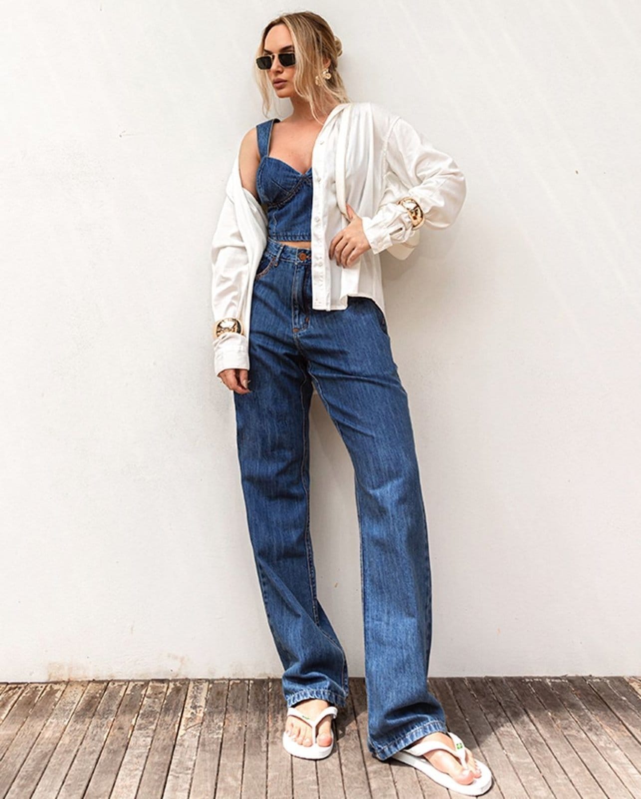 Calça Feminina Reta Cintura Alta com Detalhe de Costura 24330 Sky Escuro