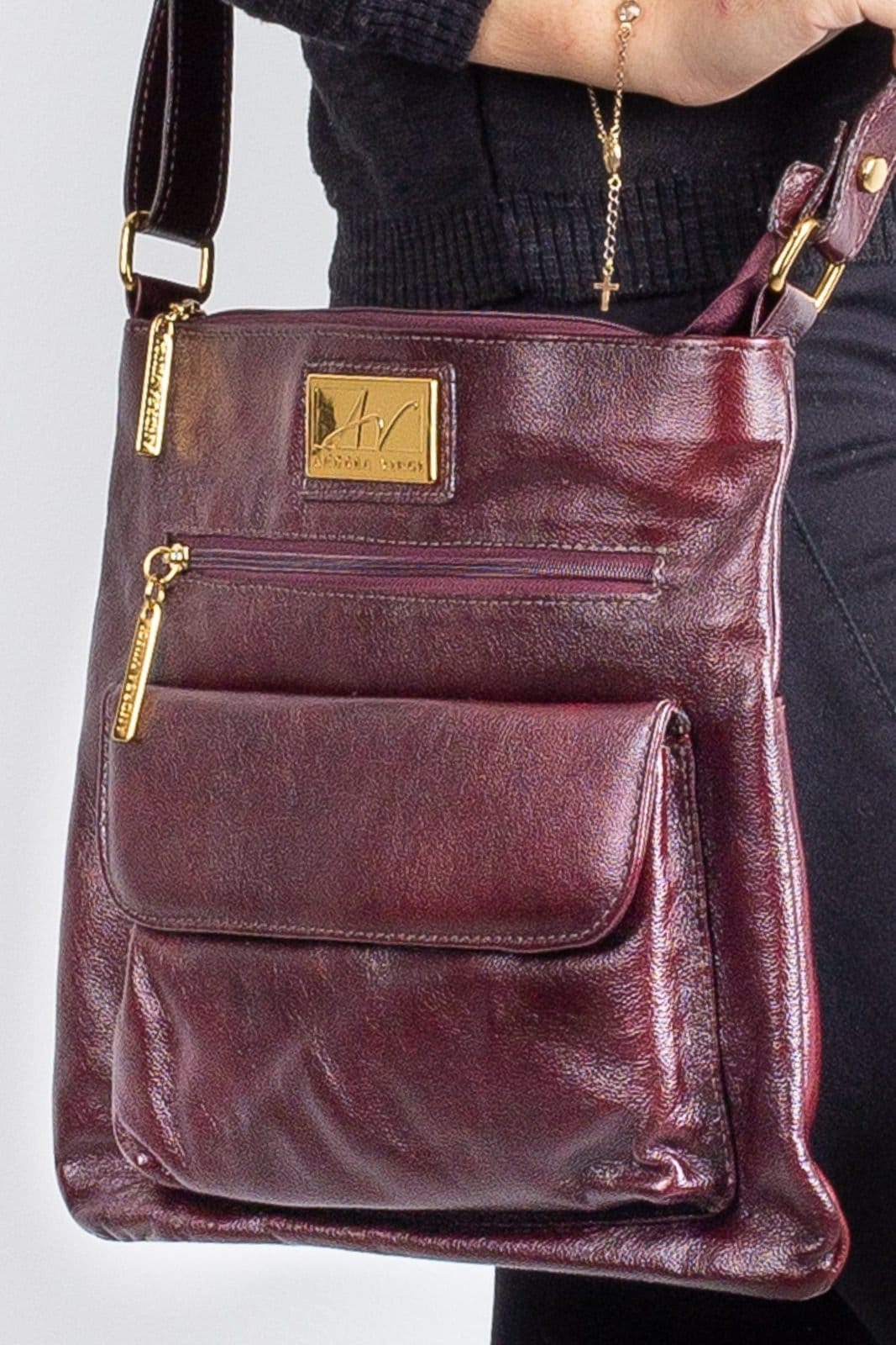 Vista 2 Bolsa transversal de couro liso Karen - Marsala Andrea Vinci vermelho