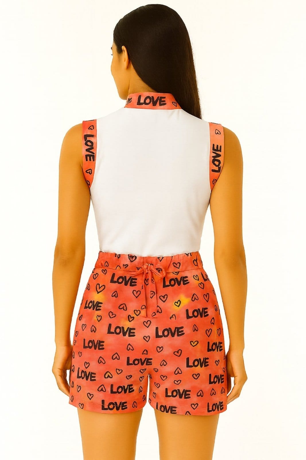 Vista 2 Saia Shorts Feminina com Blusa Love Moda Conjunto Summer Body branco/coral