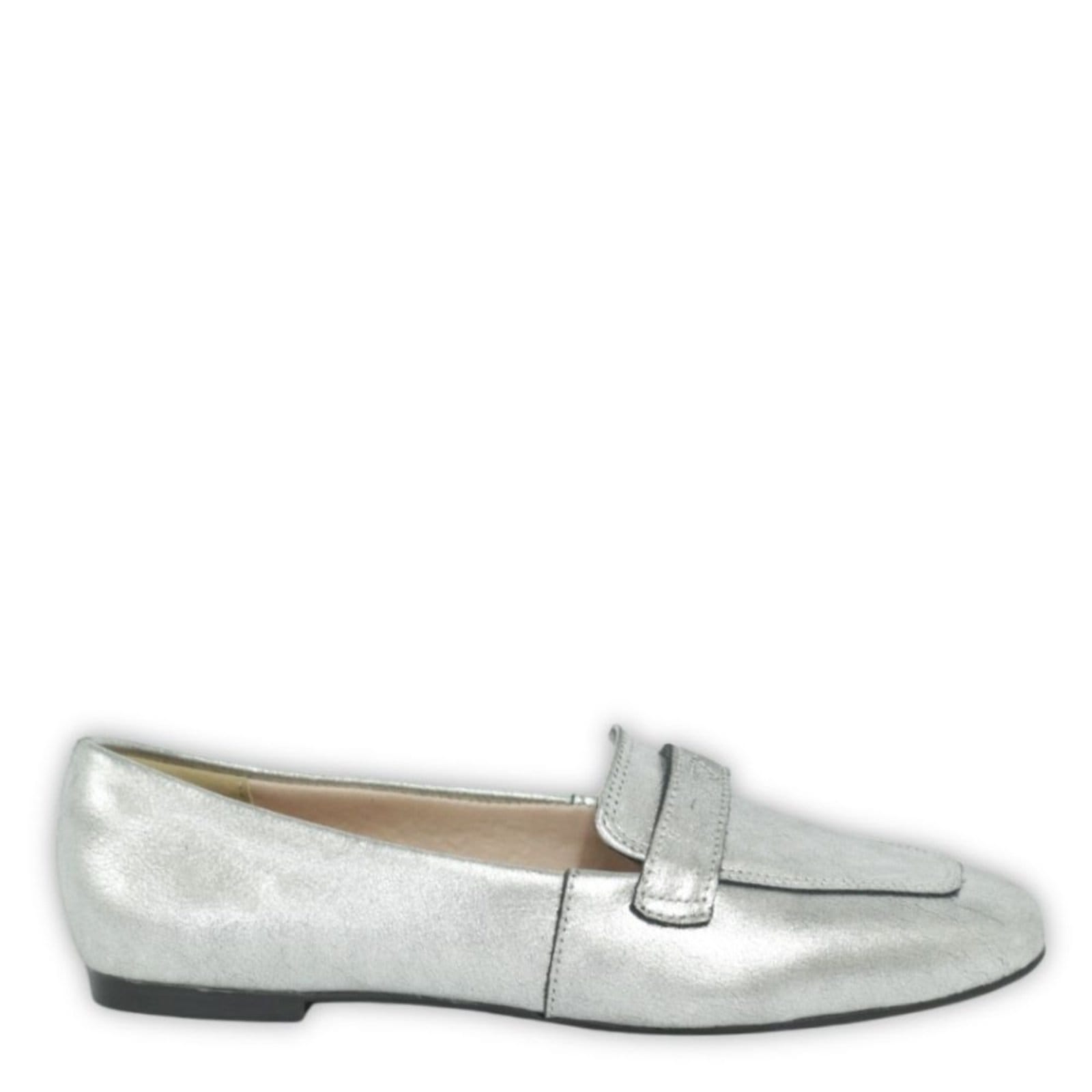 Sapatilha Feminina Bico Quadrado em Couro Salto Baixo Prata