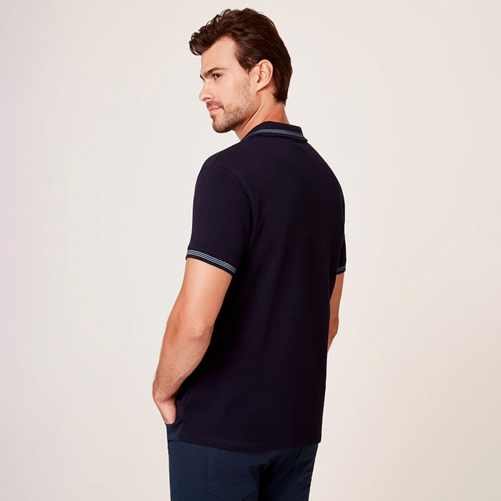 Vista 2 Camisa Polo Dudalina Favo Textura Ou26 Marinho Masculino Dudalina azul marinho