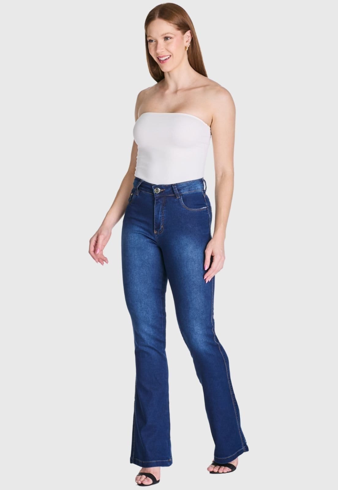 Vista 2 Calça Flare HNO Jeans Cintura Alta Jeans com Elastano HNO Jeans azul