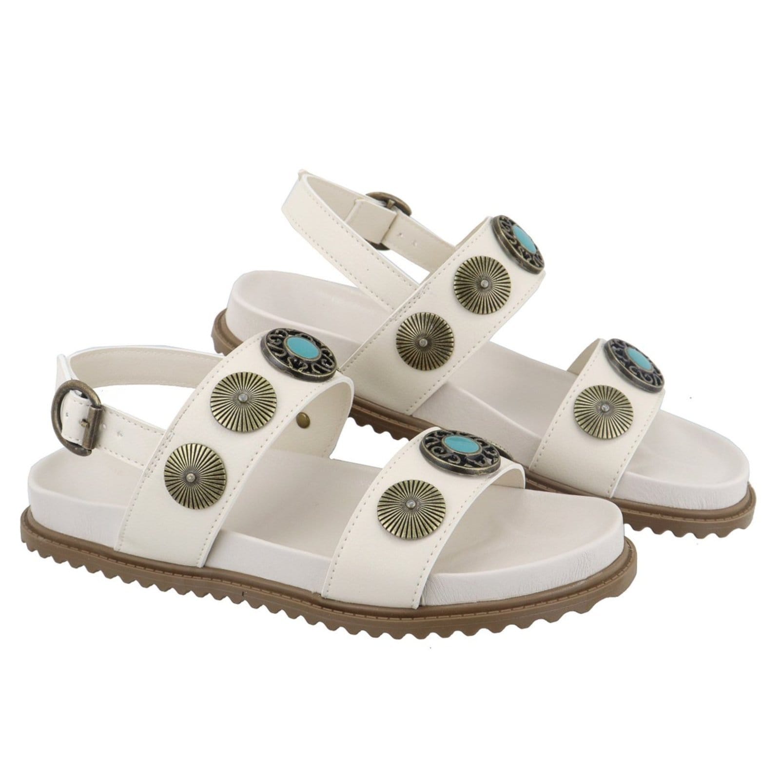 Vista 2 Sandália Papete Feminina Paula B Estilo Boho Com Detalhes No Metal Dourado Envelhecido E Amarração No Tornozelo Conforto Off White PAULA B off-white white