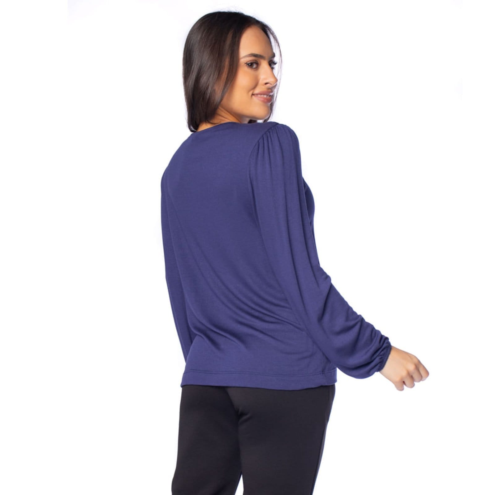 Vista 2 Blusa Feminina Rovitex Manga Longa Decote V com Amarração Rovitex azul