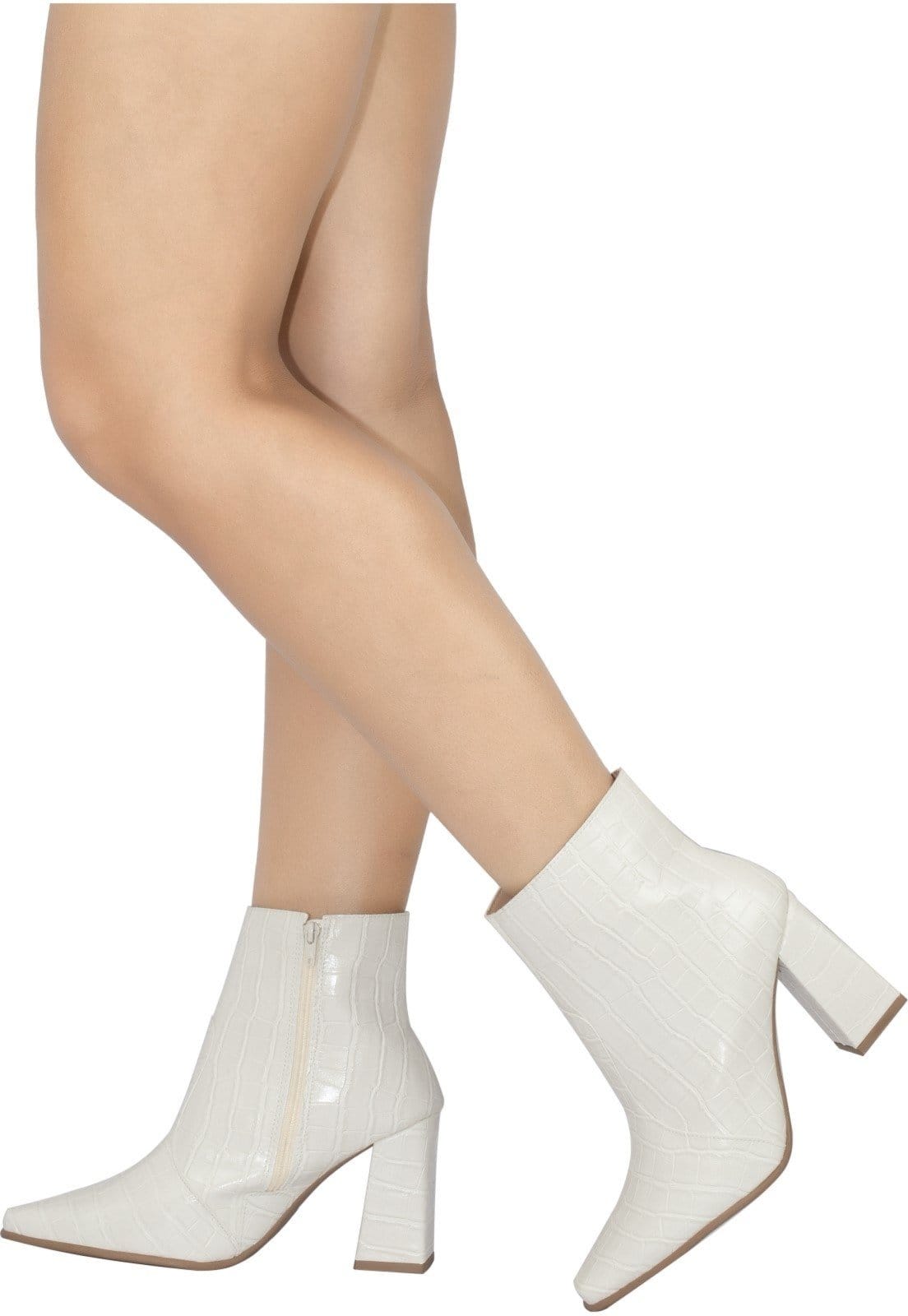 Vista 2 Bota Feminina Bico Fino Lumiss Salto Alto Grosso Cano Curto Confortável Croco Off White LUMISS off-white white