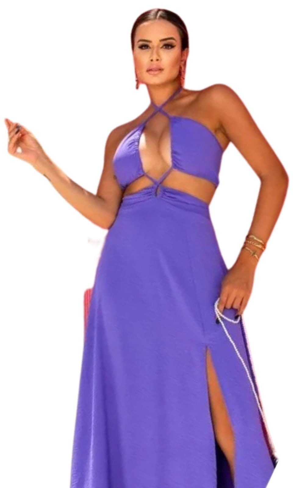 Vista 2 Vestido Longo Recortes Cut Out Viscose Fiorelly Lavanda Cia do Vestido roxo lavanda