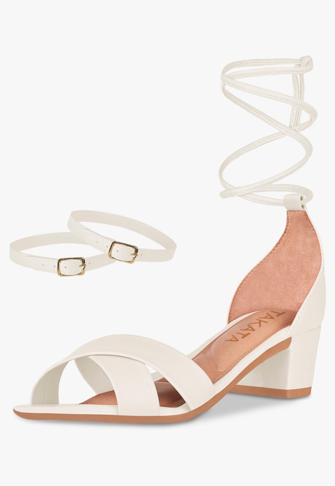 Sandalia Feminina Colorida Salto Baixo Grosso Amarração Off-White