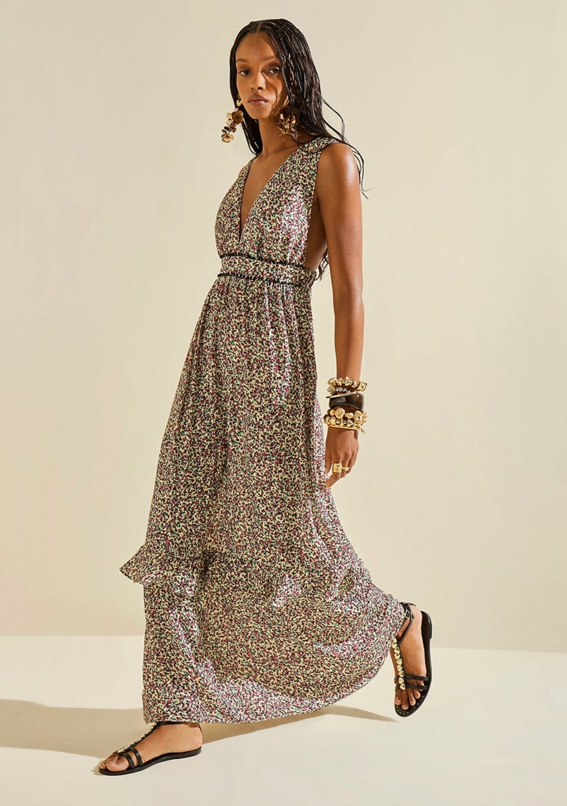 Vestido Morena Rosa Solto Decote V Com Alça Midi Verde