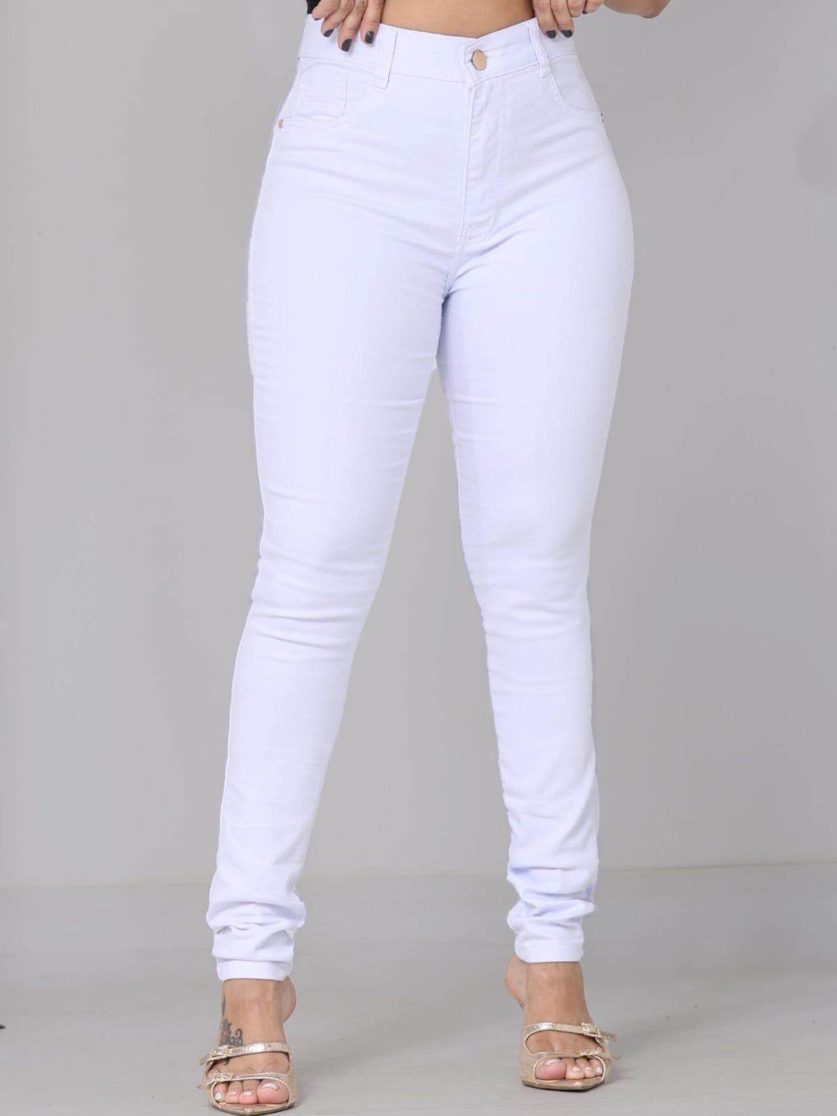 Calça Donna de Paula Skinny Branca Feminina Cintura Alta Empina Bumbum Com Elastano Sem Transparência