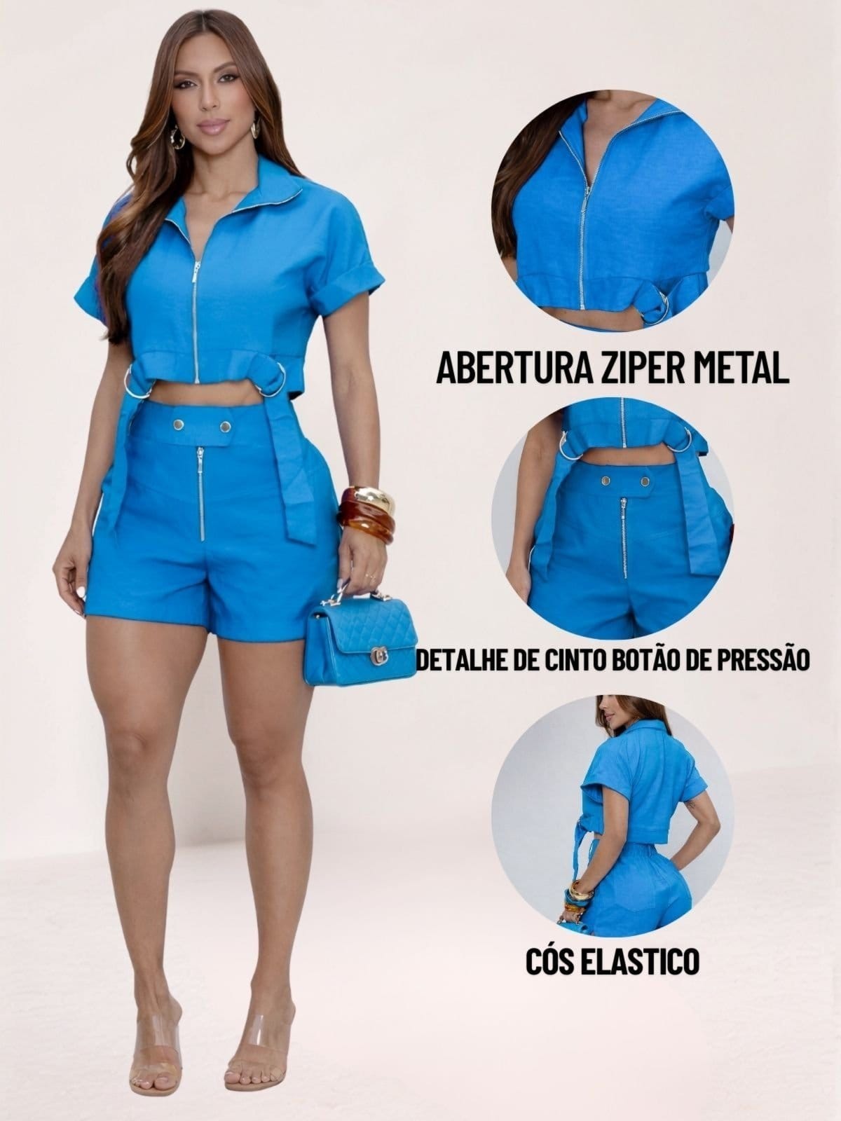 Vista 2 Conjunto Feminino Tropical Blusa Cropped Com Zíper e Shorts Algarve TROPICAL FASHION azul