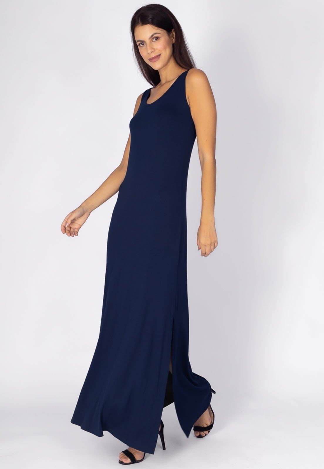 Vista 2 Vestido Amazonia Vital Longo Malha Butiá Regata Amazonia Vital azul marinho