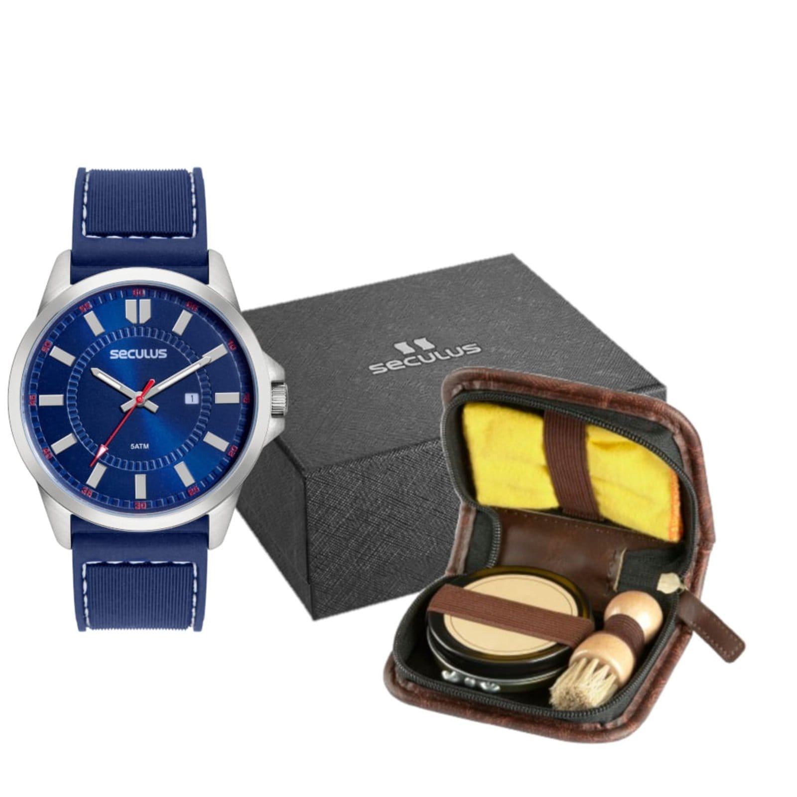 Vista principal Kit Relógio Masculino Silicone Prata com Kit Engraxar Seculus azul