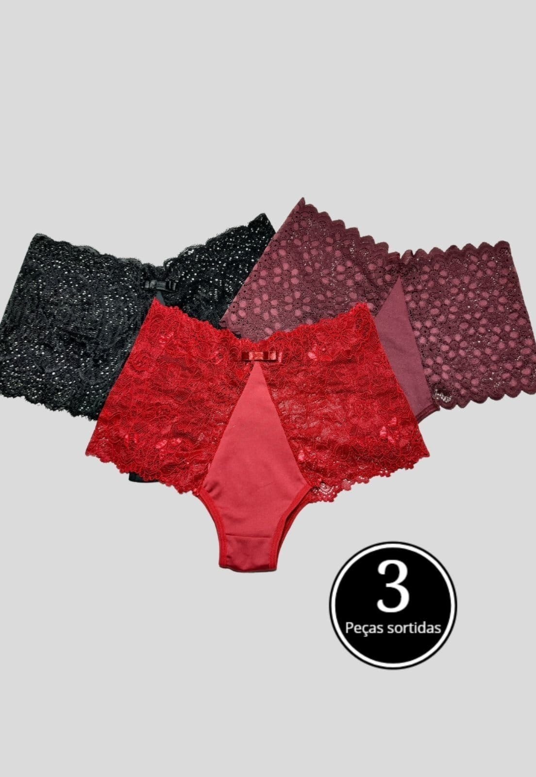 Vista principal Calcinha Plus Size Com Renda Atraente Cintura Alta Vekyo Kit3 VEKYO multicolorido