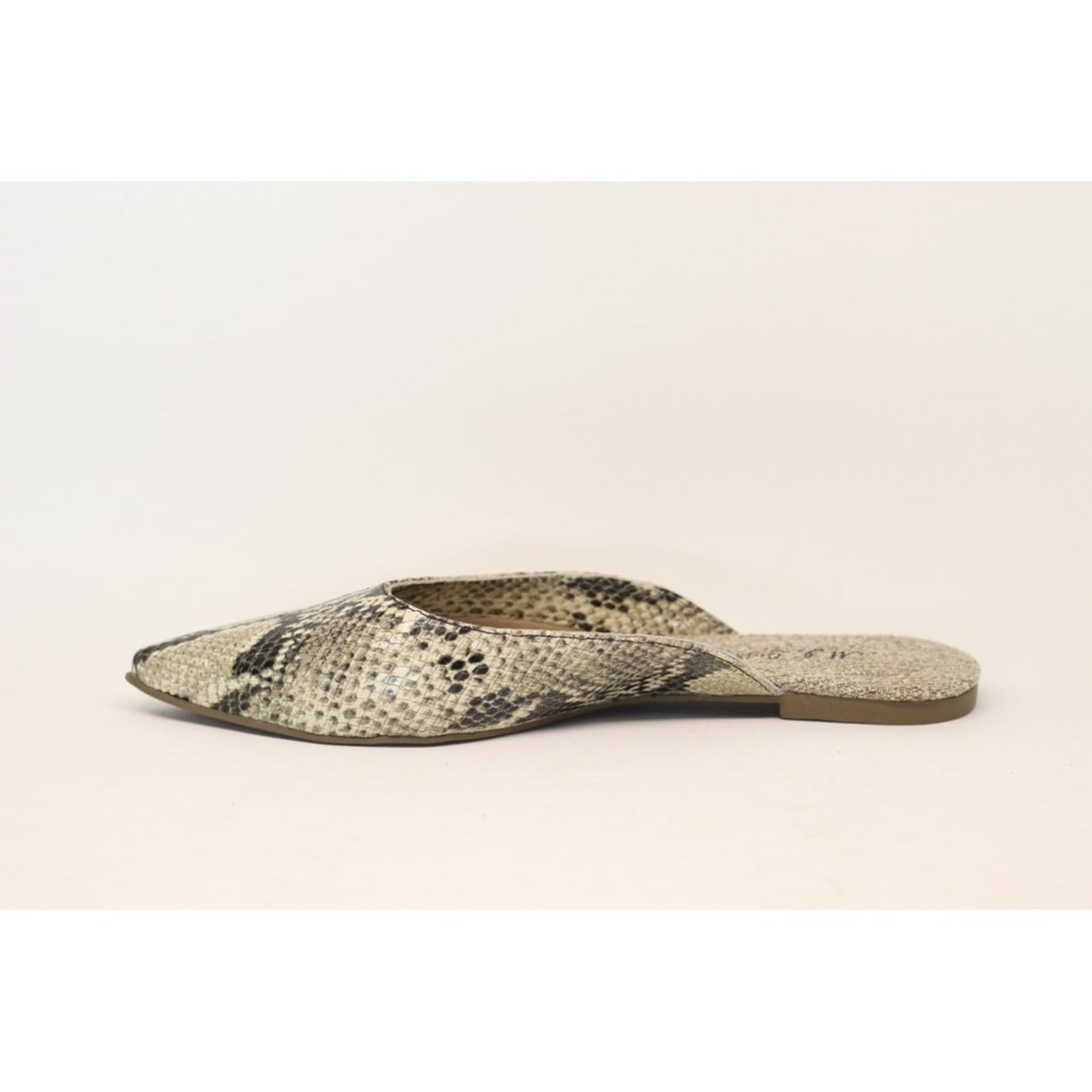 Vista 2 Mule Bico Fino em Couro Salto Baixo Cinza Spinelli cobra