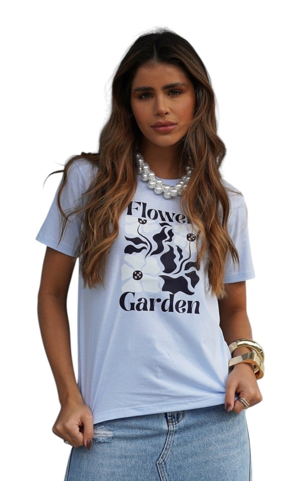 Camiseta Feminina Cianitas Claro Estampa Flower Garden