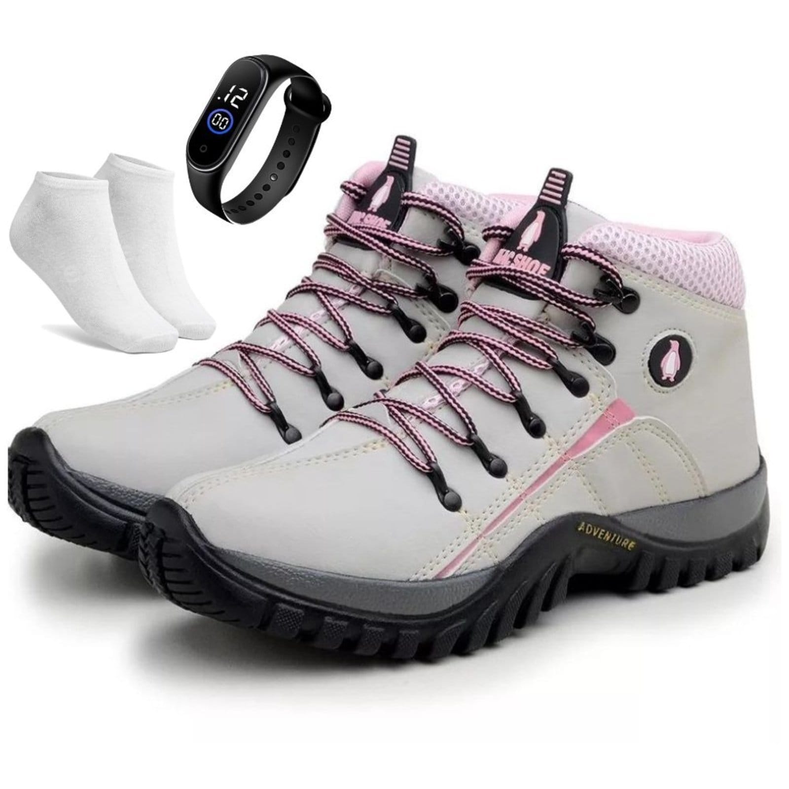 Kit Bota Adventure Bia Ramos para Trilha Confortavel Feminina Creme Rosa + Relógio e Meia