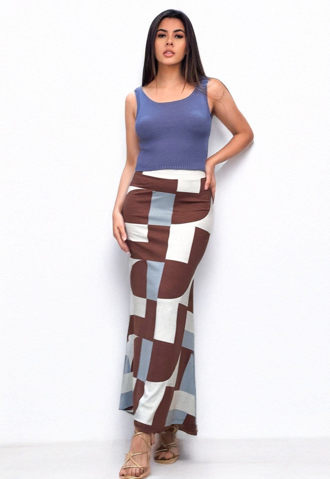 Vista 2 Saia Cabanafree Longa Malha Sereia Estampa Santa Rosa do Tocantins Cabanafree azul/estampado/marrom rosa