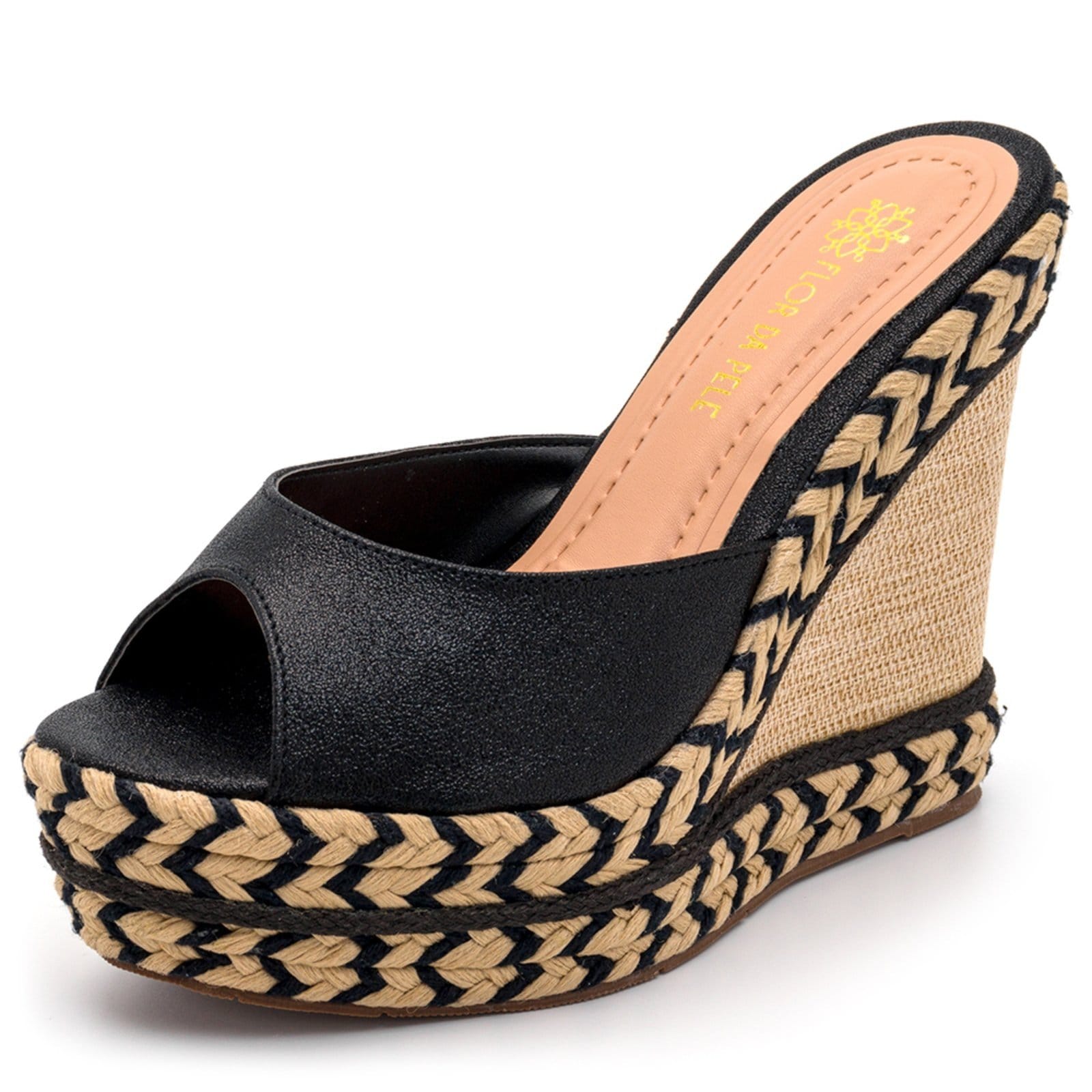 Vista 2 Sandalia Tamanco Feminino Anabela com Sisal Napa 4051 Lançamento Sete Sales preto