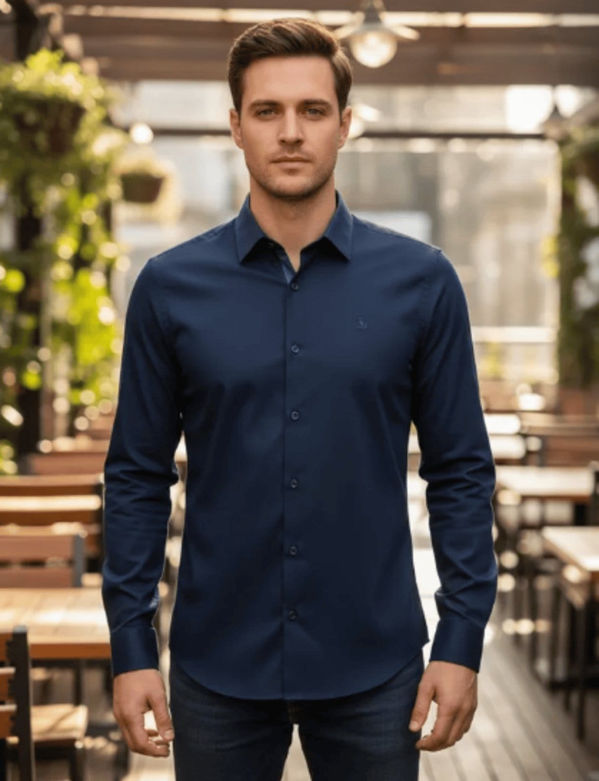 Camisa Social Amil Filati Comfort Algodão Fio60 Com Elastano Acetinado Luxo Marinho