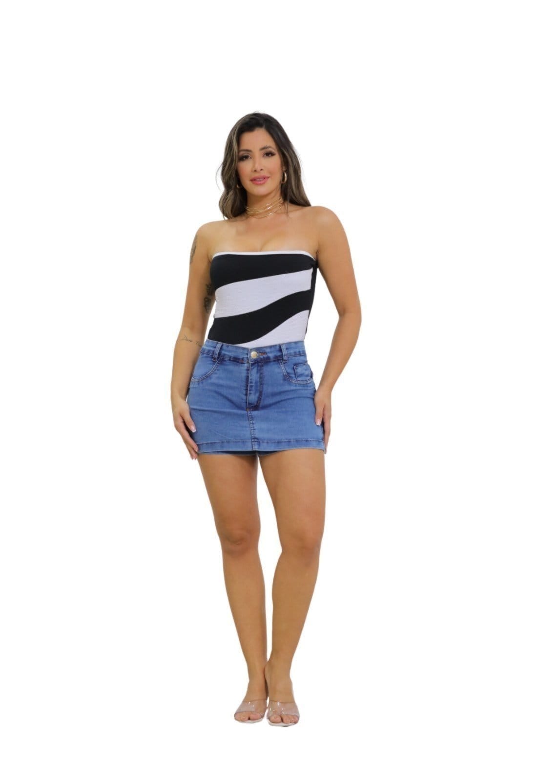 Vista 2 Body Feminino Tomara Que Caia Blogueirinha Listrado Bicolor Summer Body preto