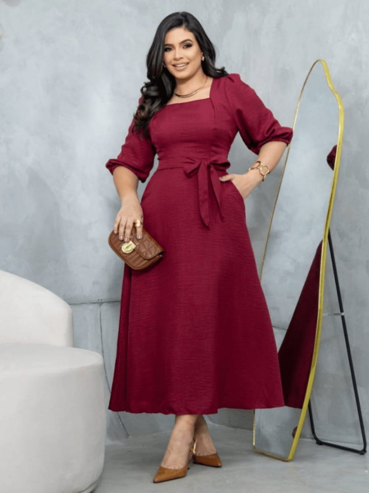 Vestido Midi Soltinho Manga 3/4 Elegante Social Moda Evangélica Marsala