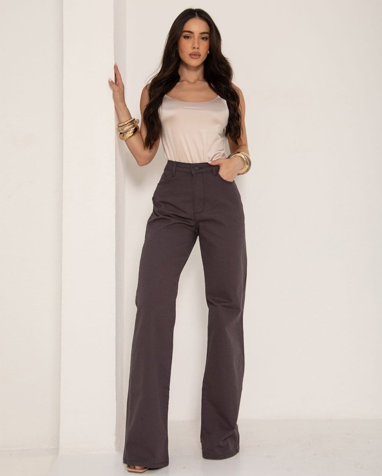 Calça Jeans Wide Leg Feminina Cintura Alta Básica com Elastano 28000 Chumbo