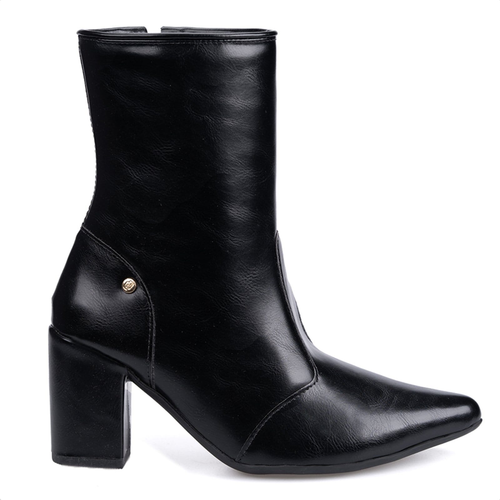 Vista 2 Bota Social Domidona Feminina Cano Curto Preta Salto Alto Bloco Bico Fino Domidona preto