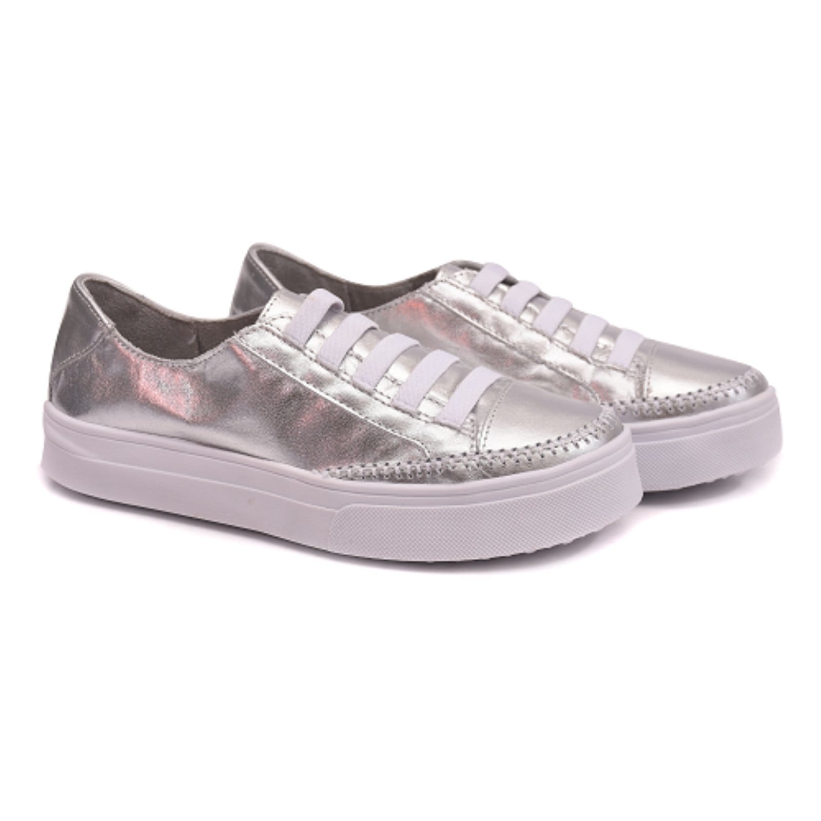 Vista 2 Tênis Feminino Sola Alta De Couro Com Elástico Prateado ROMEU E JULIETA SHOES prata