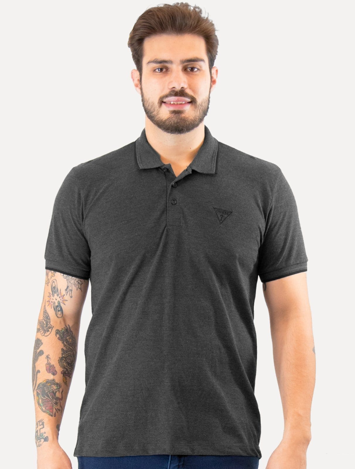 Polo Guess Masculina Piquet Frisos Triangulo Bordado Escuro Mescla