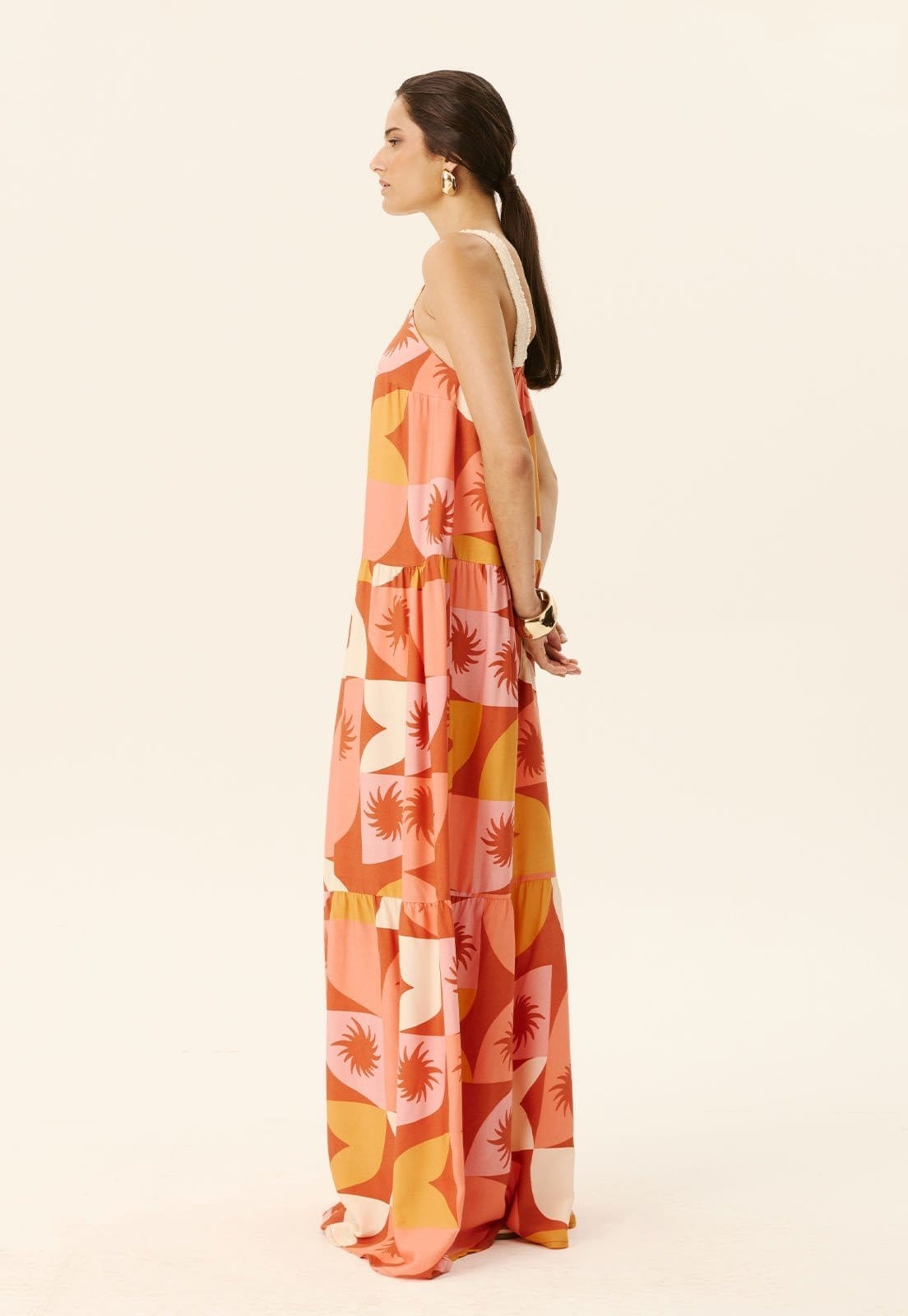 Vista 2 Vestido Longo Marias Estampado Jaçanã CaCay marrom