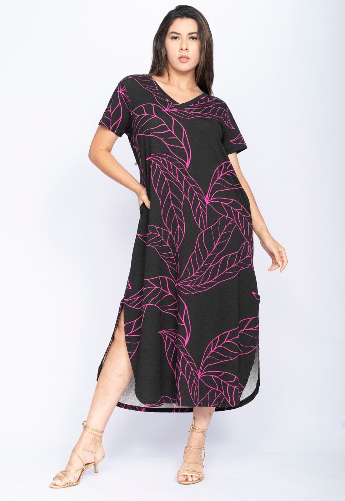 Vestido Amazonia Vital Midi Abapã Malha com Bolso Estampa Antúrios Lilás