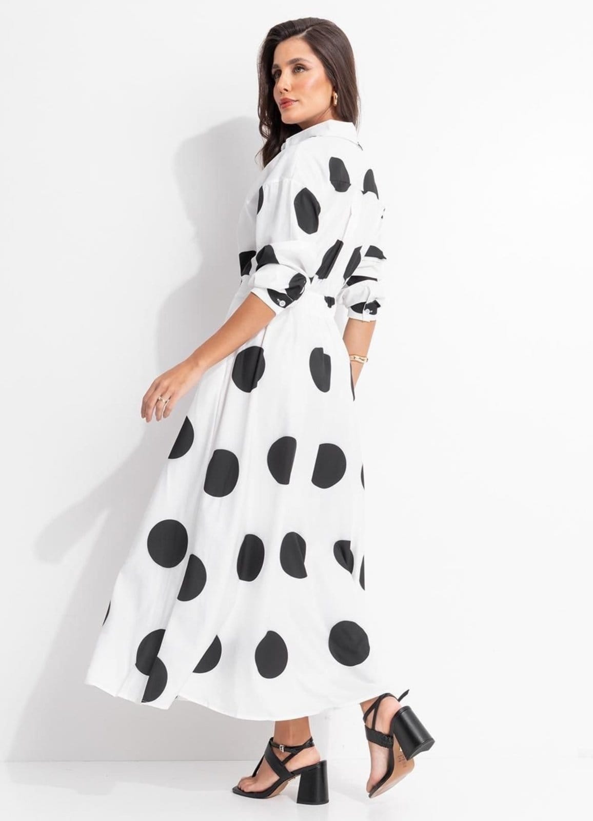 Vista 2 Vestido Em Alfaitaria De Poliéster Poá Quintess branco