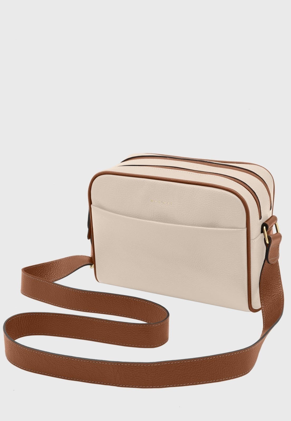 Vista 2 Bolsa Transversal de Couro Mariart Pupunha Off White/Camel Mariart caramelo/off-white white
