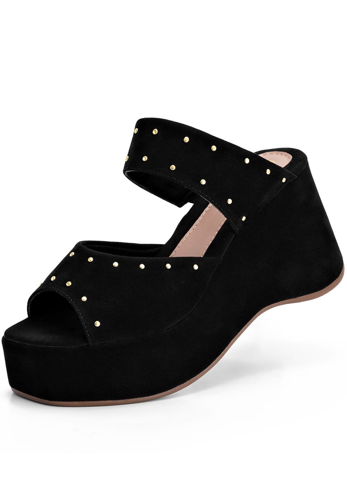 Sandália Anabela Feminina Lumiss Camurção Rebite Tachas Dourada Plataforma Confortável