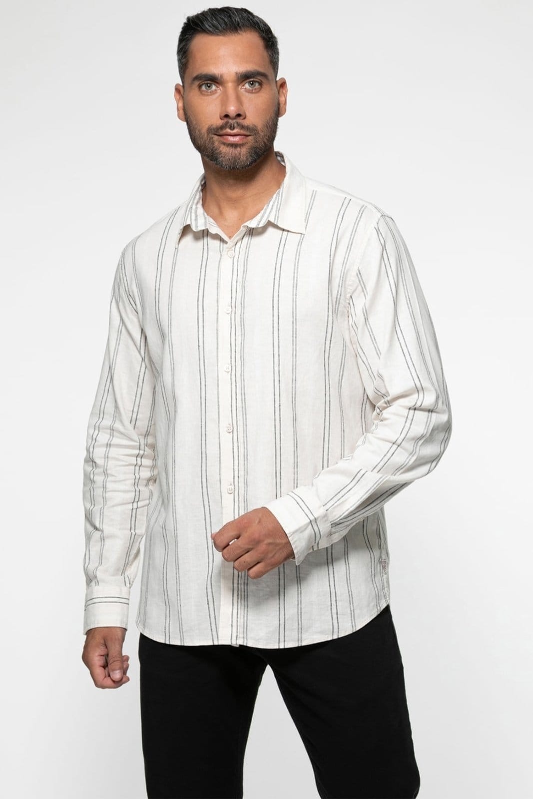 Camisa Guess Linho Eco Listrada Off White