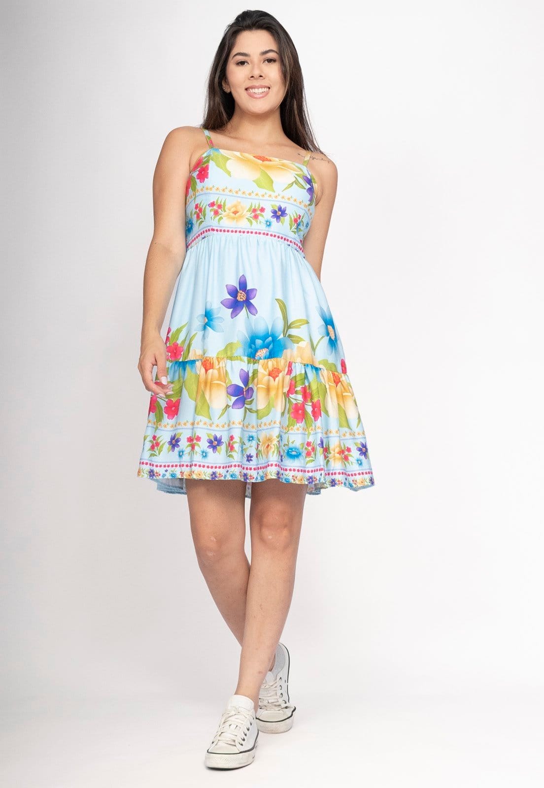 Vista 2 Vestido CabanaFree Curto Alça Fina Estampa Jardim Azul Cabanafree branco/estampado azul