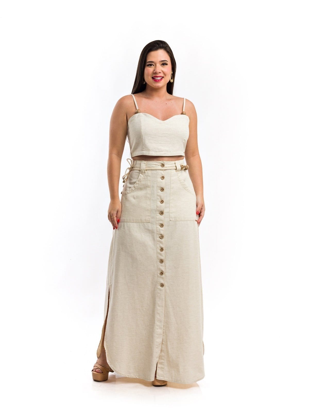 Saia Longa Restrito Jeans De Linho Natural - Bege