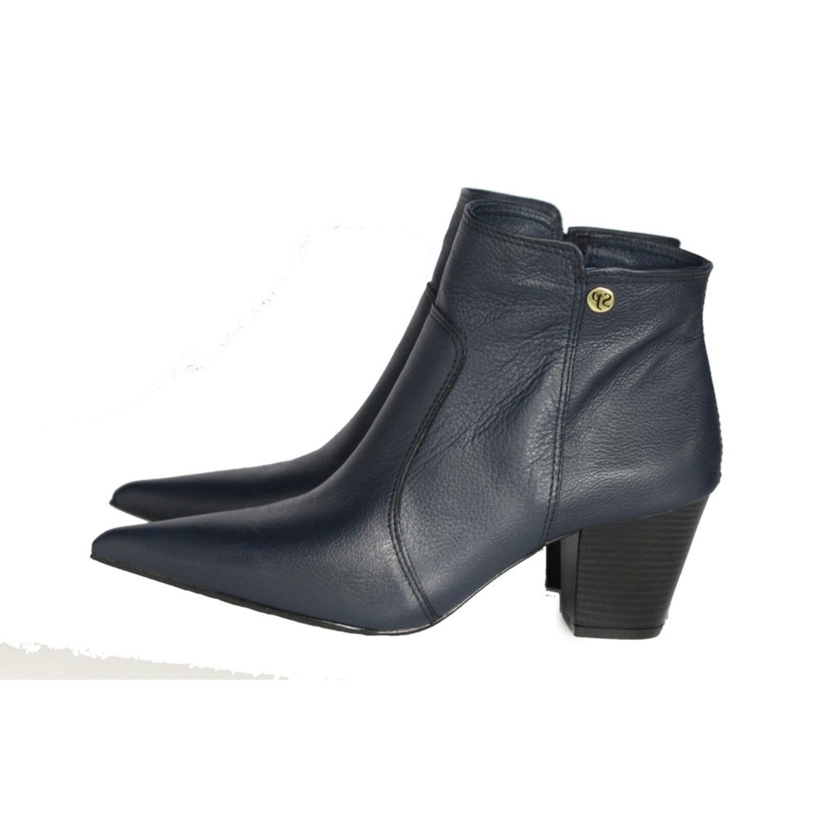Vista 2 Bota Feminina Bico Fino Cano Curto Couro Salto 6 CM Azul Escuro Spinelli azul marinho
