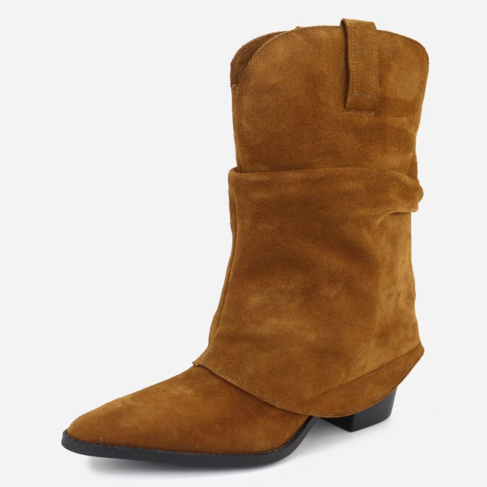 Bota Texana Country Western Enrugada Slouchy Em Couro Feminina Bico Fino Maria Paula Camurça Capuccino
