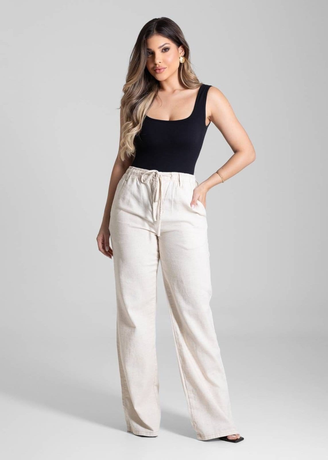 Vista 2 Calça Linho Sawary Wide Leg - 281185 Sawary bege