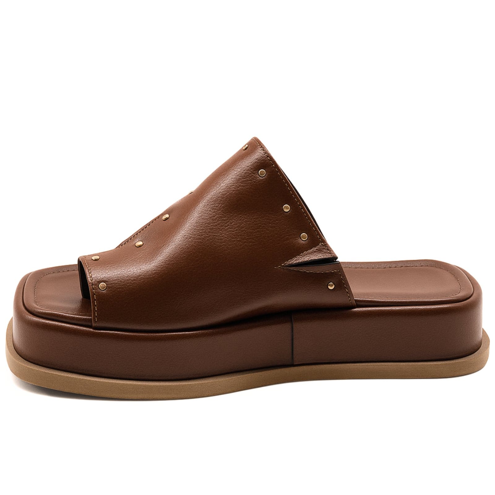 Vista 2 Sandália Papete Flatform Feminina Aplique Tachas Confortável Cacau 23404 Sete Sales marrom