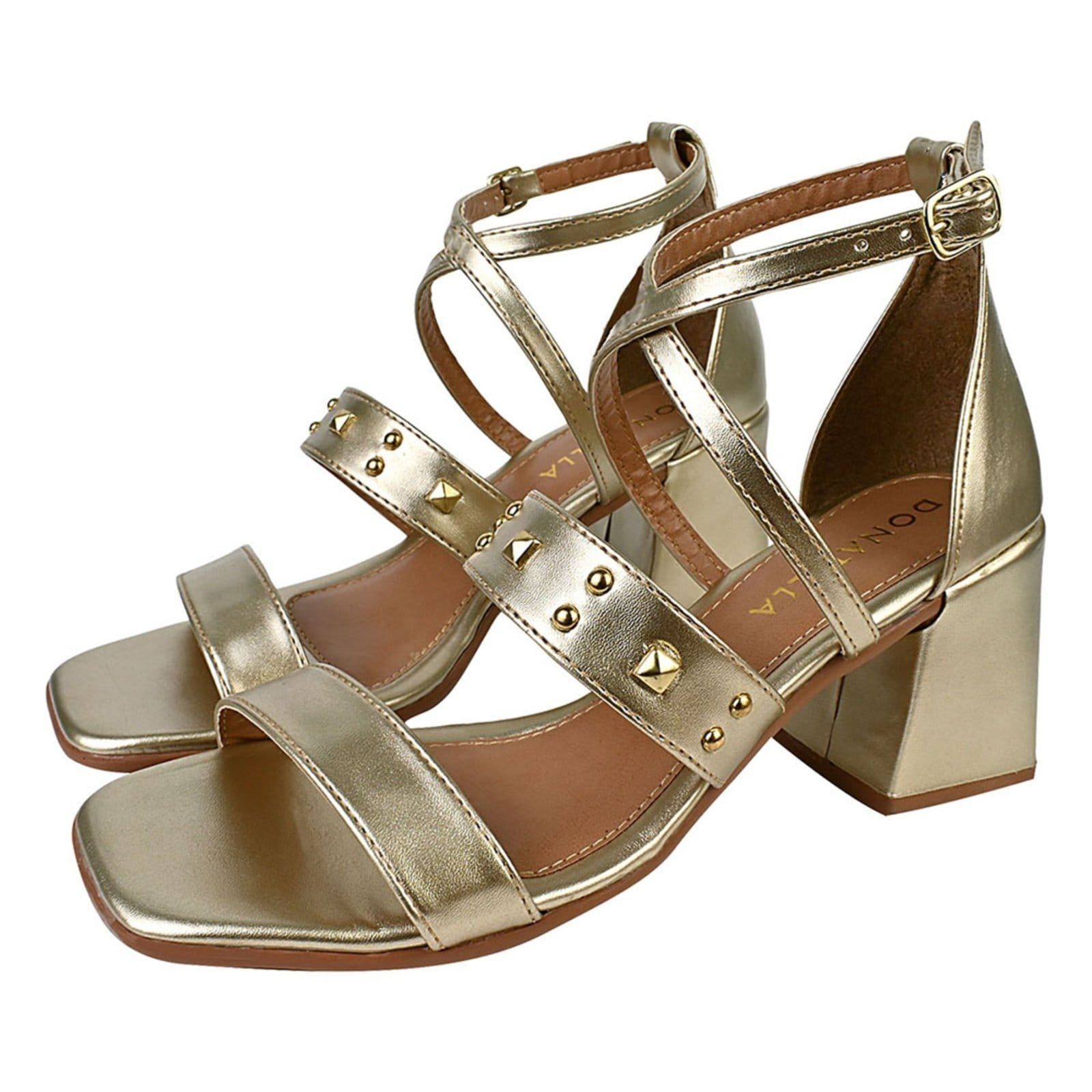 Sandália Feminina CM Calçados Bico Quadrado Salto Alto Casual Spike Hotfix Metalizado Ouro Light