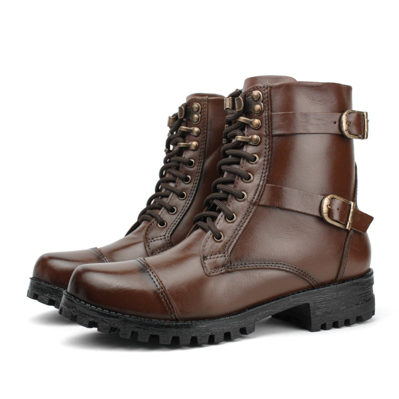 Vista 2 Bota Coturno Militar Couro Feminino Cano Médio Solado Tratorabo Baixo Amarração Casual Pinhão super shoes marrom